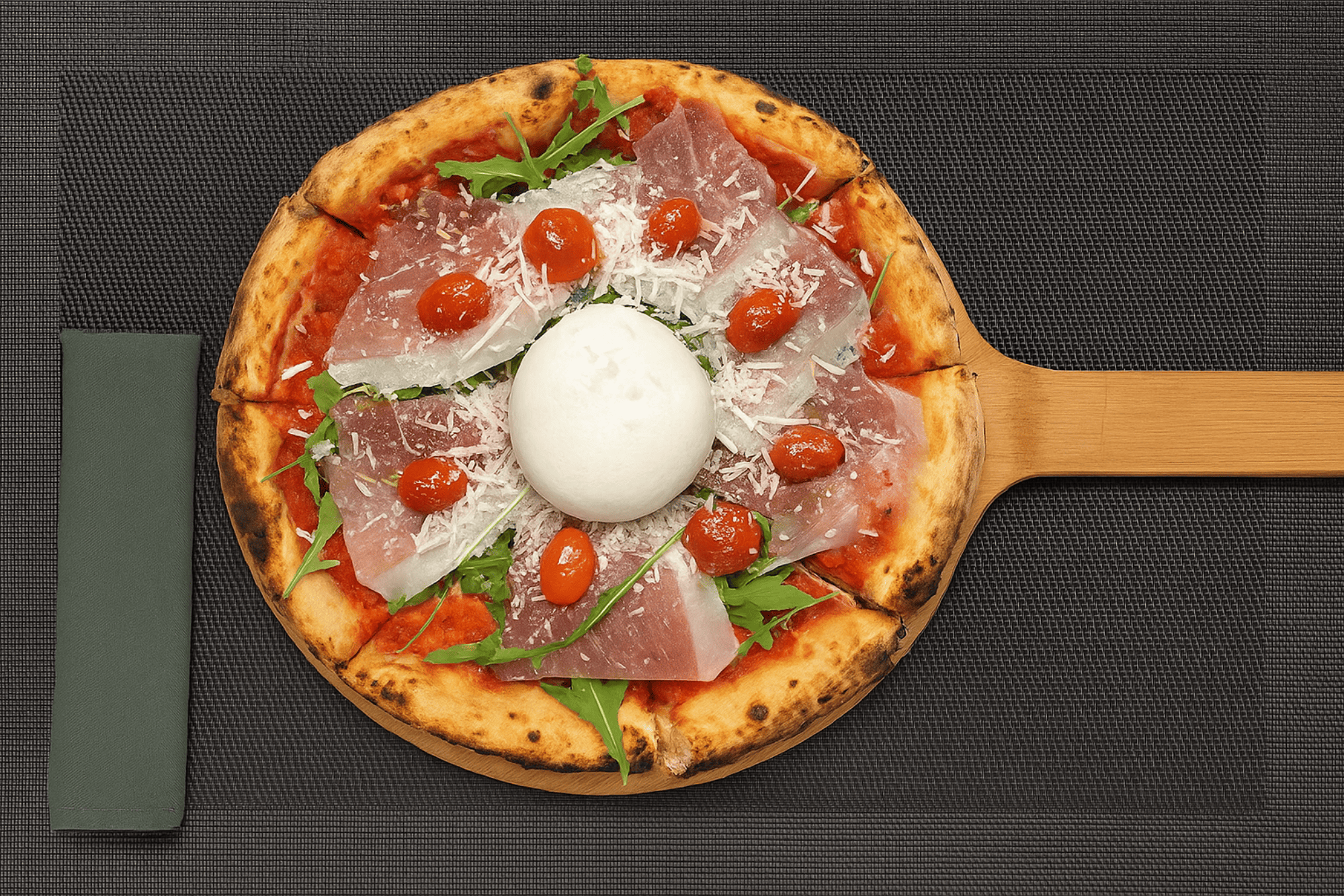 The pizza is baked to a perfect crisp with a thin base and generous toppings